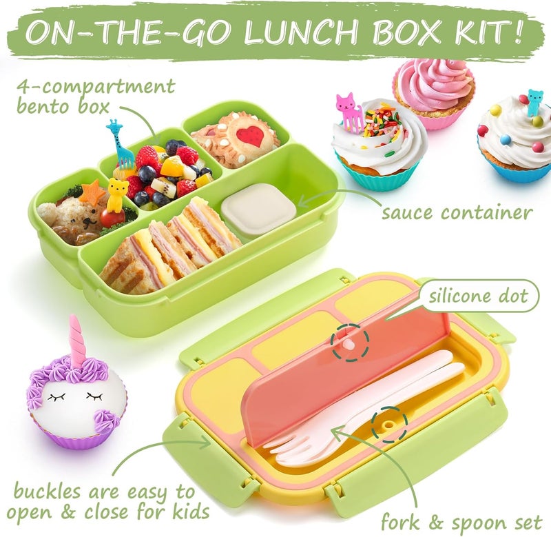 QQKO Bento Box for Kids Adults, School Toddler Lunch Box for Boys Girls, Lunch Box Containers with 4 Compartments, Sauce Container, Utensils, Food Picks and Muffin Cups for School, Pink Yellow Green - Image 3